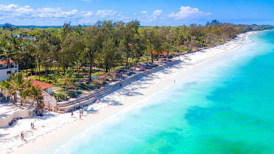 Aerial view of Diani Beach, palm trees and turquoise water