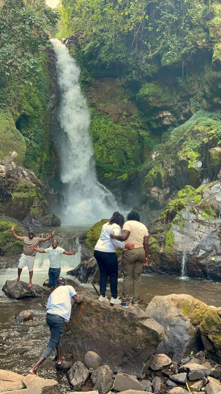 A group of travellers on the rocks below a tall forest waterfall