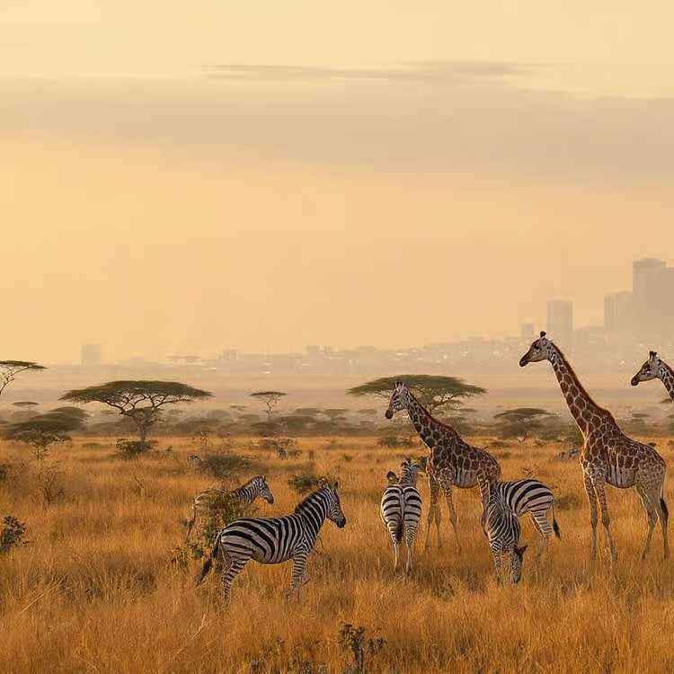 Giraffes and zebras on the plains with the Nairobi skyline behind, Nairobi National Park