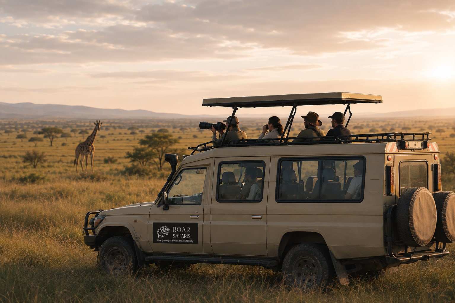 Travellers on a safari vehicle watching a giraffe at sunset