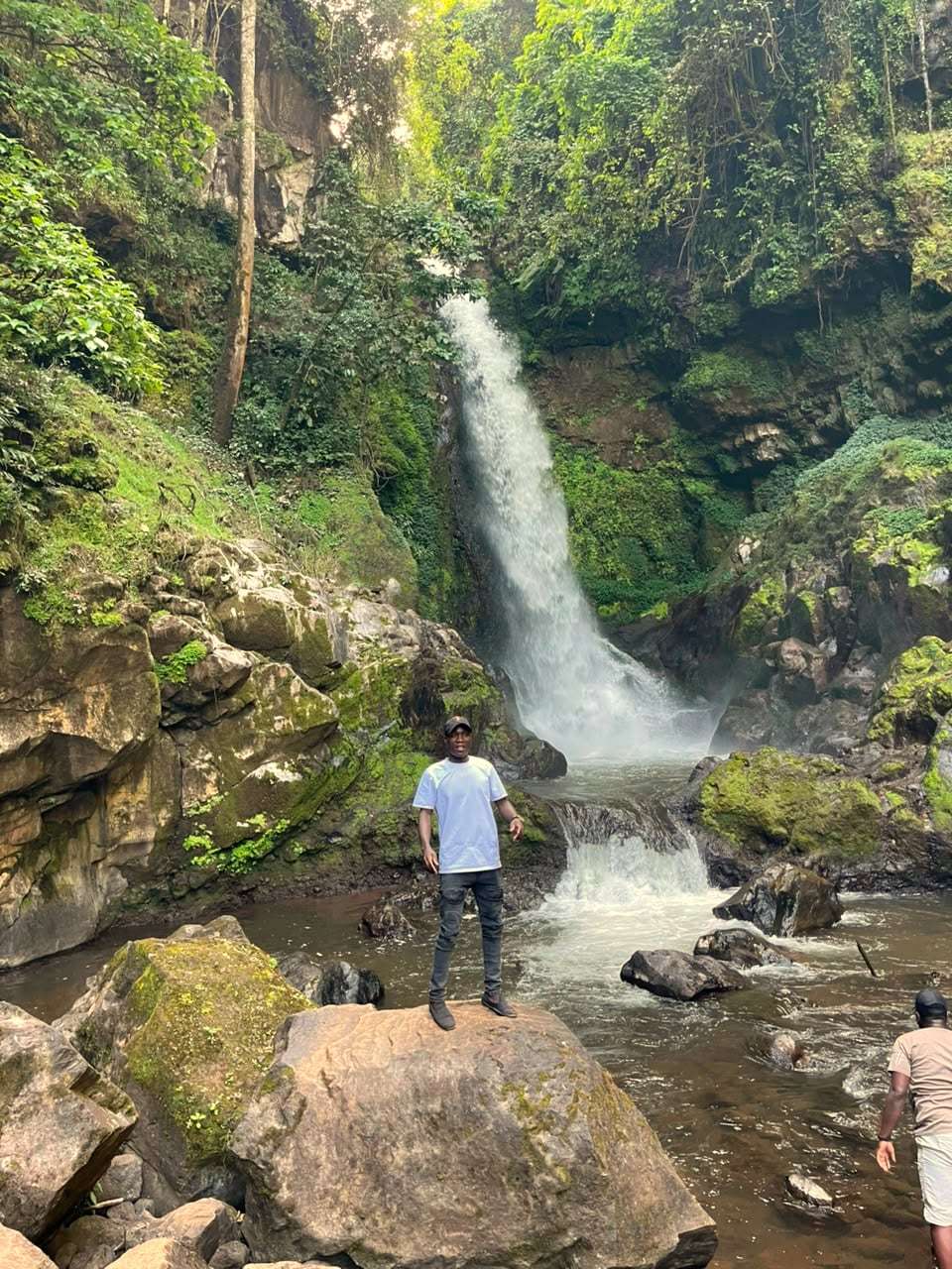 A traveller posing by a waterfall in a green forest gorge
